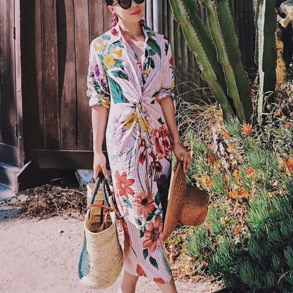 Zara Striped Floral Knotted Midi Shirt 
